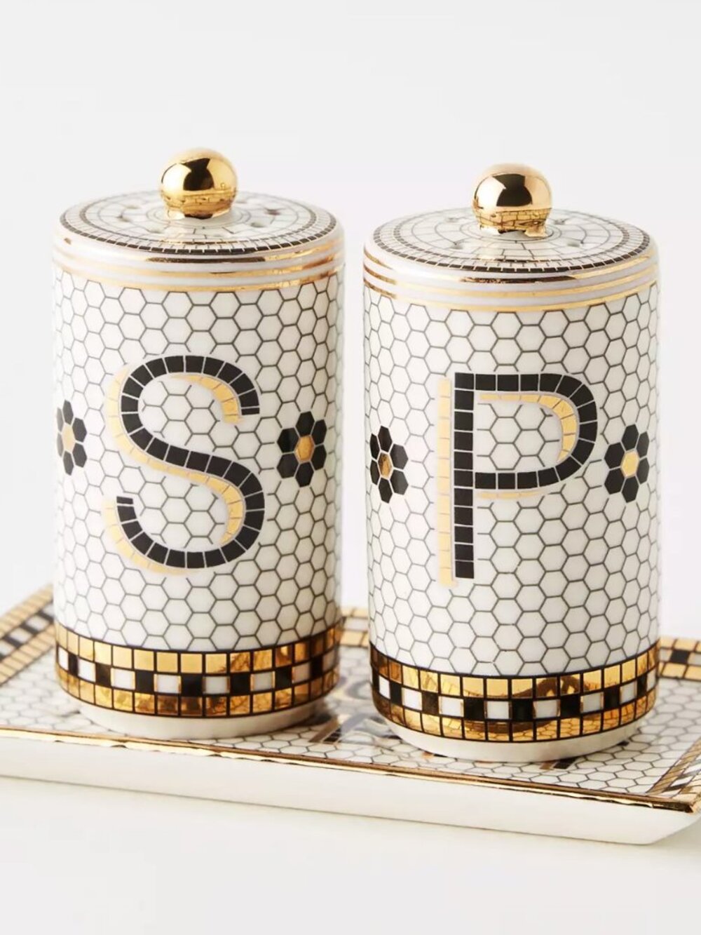 Anthropologie Bistro Tile Stoneware Salt Pepper Shaker Set 3 Pcs Mosaic New